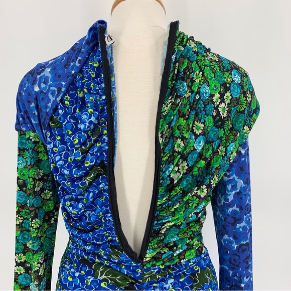 Zara NWOT Draped Blue and Green Printed Colour-blocked Long Sleeve Top, XS - Picture 8 of 16